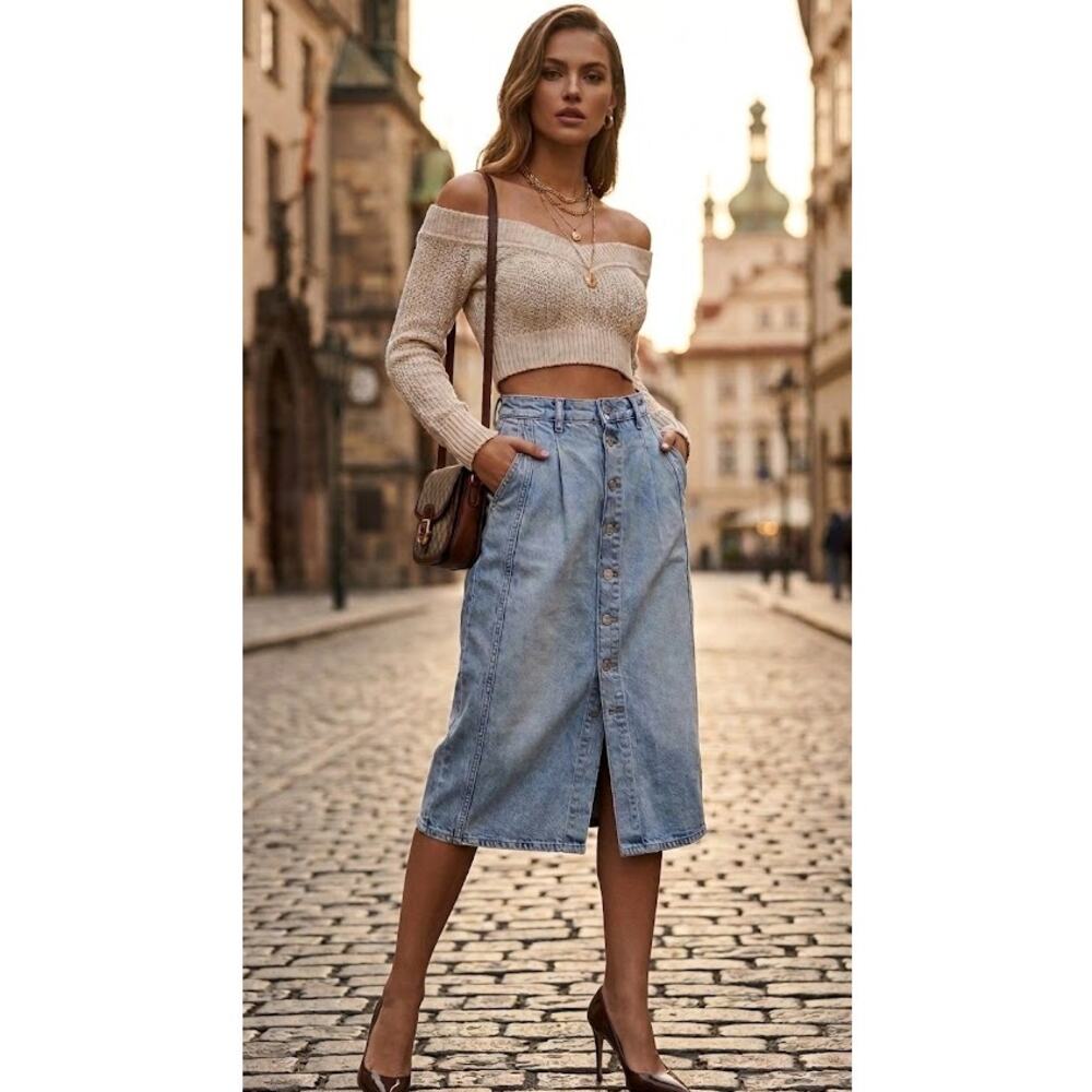 3X1 Light Wash Denim Button Front Midi Jean Skirt Womens 26 Coastal Cowgirl